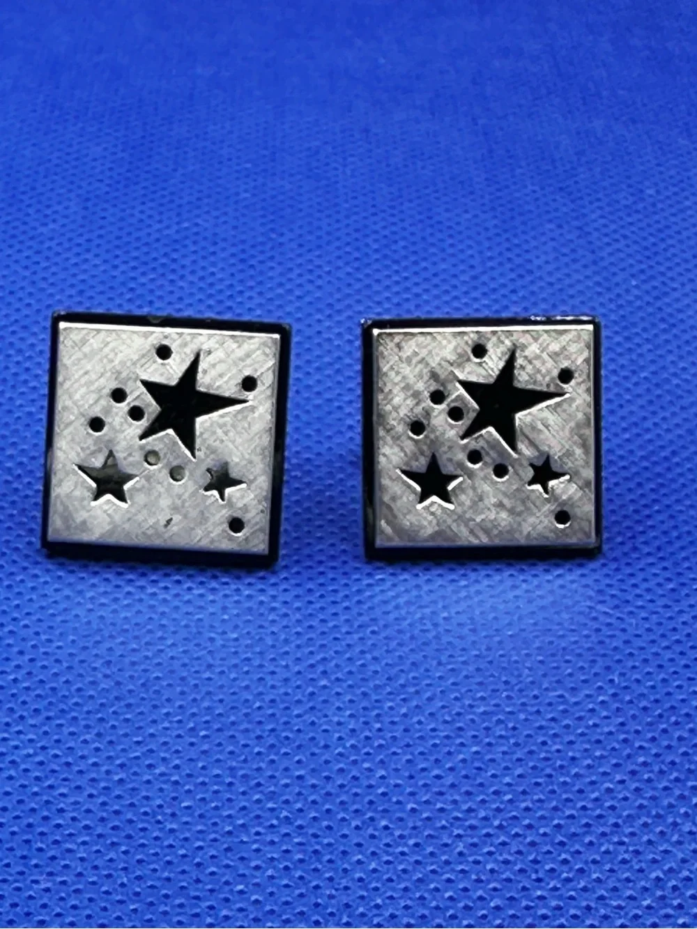 Swank Brushed Silvertone with Black Stars Cutout Square Cufflinks